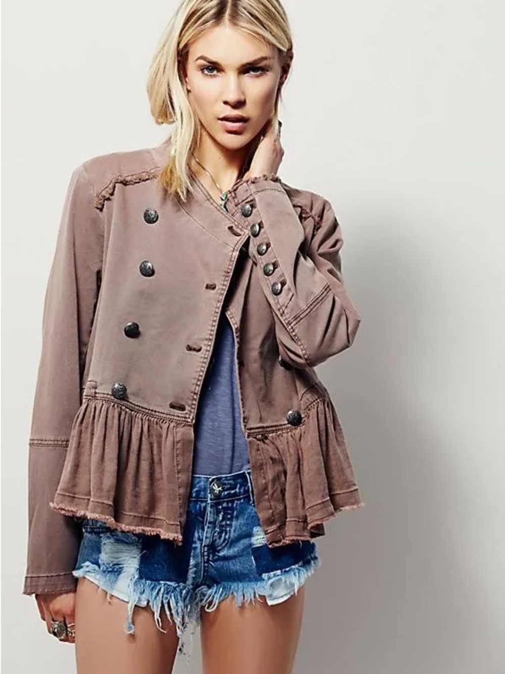 Free People Taupe Double-Breasted Peplum Jacket